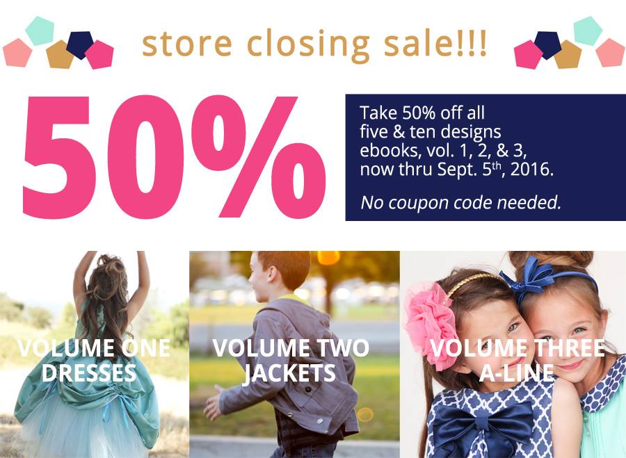 Five and Ten Designs CLOSE OUT Sale - get 50% off all pattern books // www.deliacreates.com
