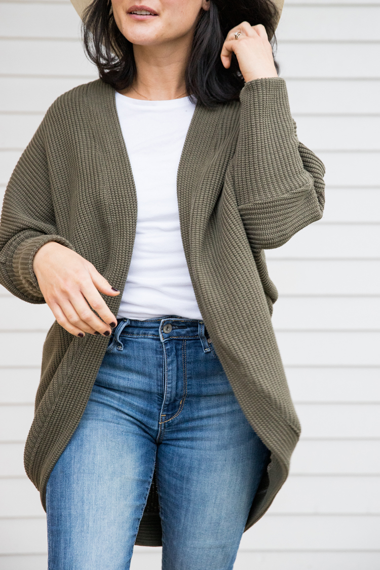 Carrie Cardigan Pattern // www.deliacreates.com // fabric: Cable Cotton Knit from Minerva in Army Green