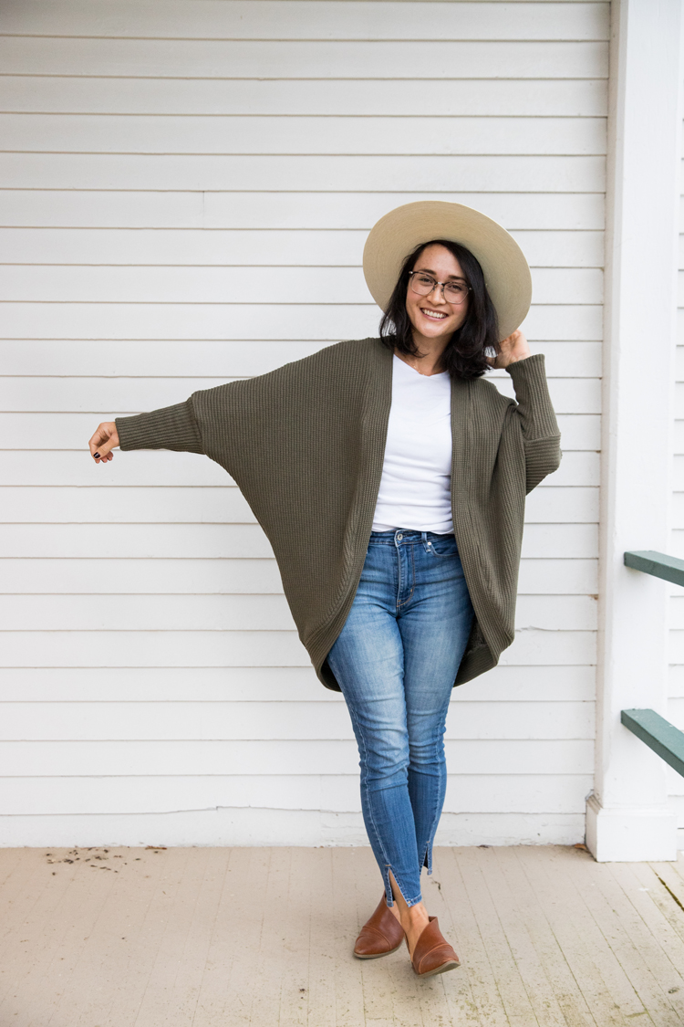 Carrie Cardigan Pattern // www.deliacreates.com // fabric: Cable Cotton Knit from Minerva in Army Green