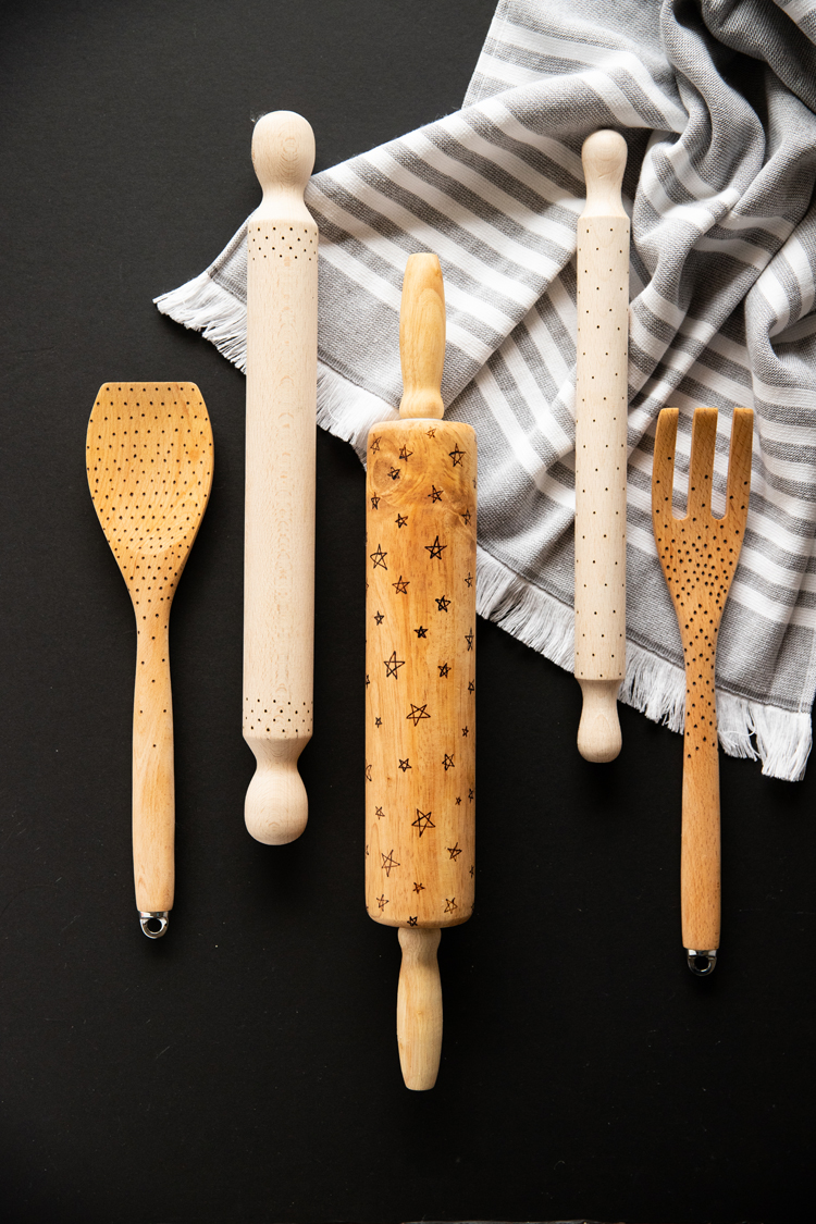 Wood Burned Rolling Pin and Utensils - easy tutorial! // www.deliacreates.com // Using a dotted designs makes this project come together in minutes!