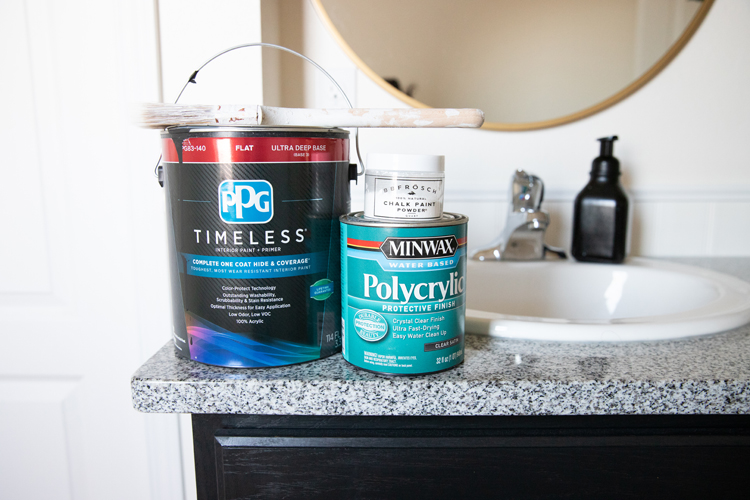 Bathroom Makeover on A Budget, Part One - Painting our Cabinets with Chalk Paint, Fixtures, and Flooring // www.deliacreates.com