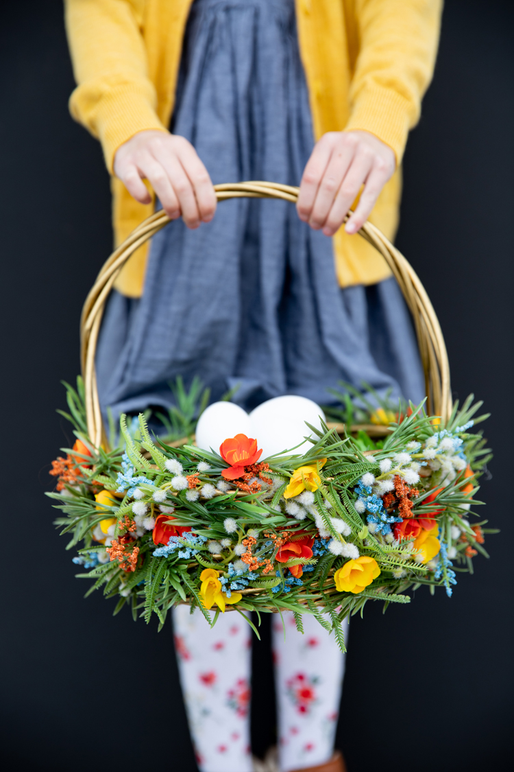 Basket Filled with Real Grass for Easter, Spring, and Summer Holidays:Easter  basket grass with flowers