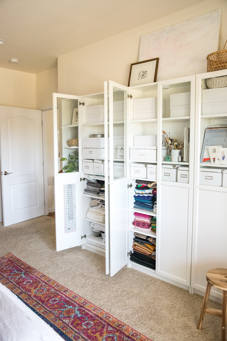 Making room for a Crafting and Sewing Space in a Bedroom // www.deliacreates.com // easy, sustainable storage solutions for a small space