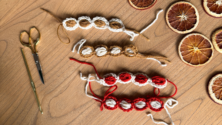 Chains + Puffs Crochet Garland // free pattern and video tutorial at www.deliacreates.com