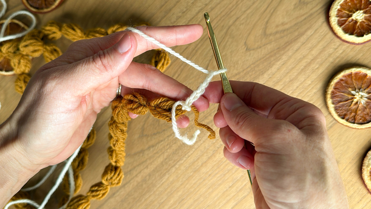 Chains + Puffs Crochet Garland // free pattern and video tutorial at www.deliacreates.com